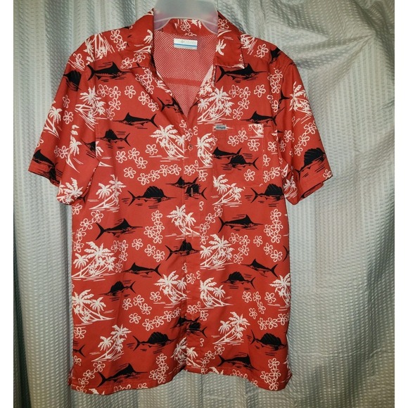 Columbia PFG Mens Hawaiian Aloha Shirt SM Red White Black Swordfish Floral Palms - Picture 1 of 7